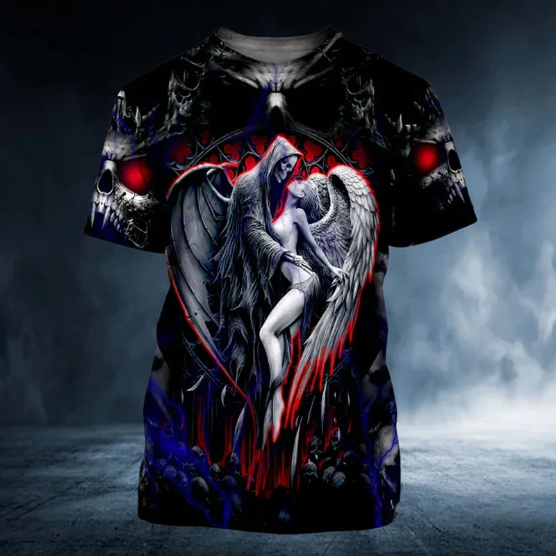 2025 New Trend Summer Retro T Shirt Men 3D Printed Skull Angel Graphic Tees Fashion Oversized  Streetwear Short Sleeve Man Tops
