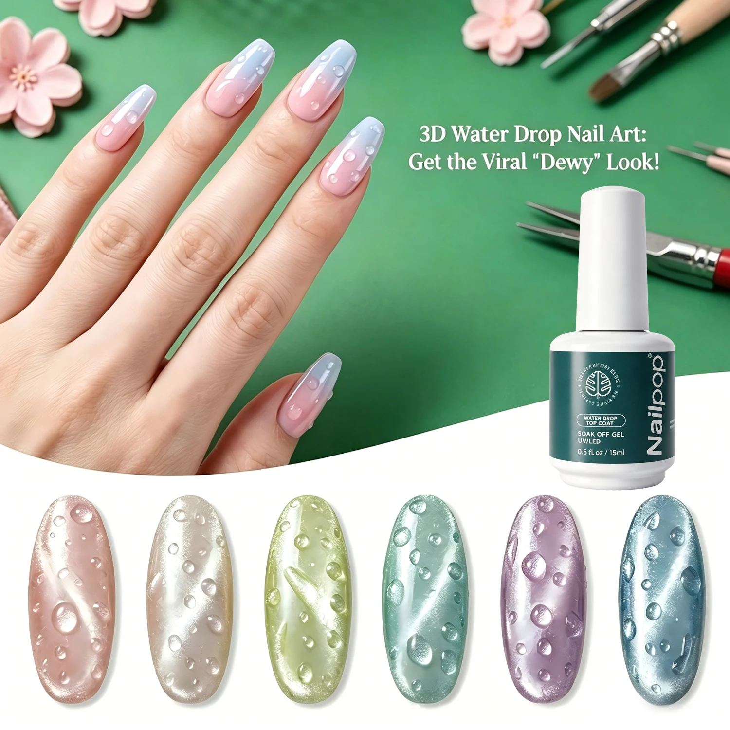 

Nailpop HEMA/TPO Free Water Drop Top Coat No Wipe 3D Stereo Bubble Effect Gel Polish Fast Forming Long Lasting Easy DIY 1/2pc