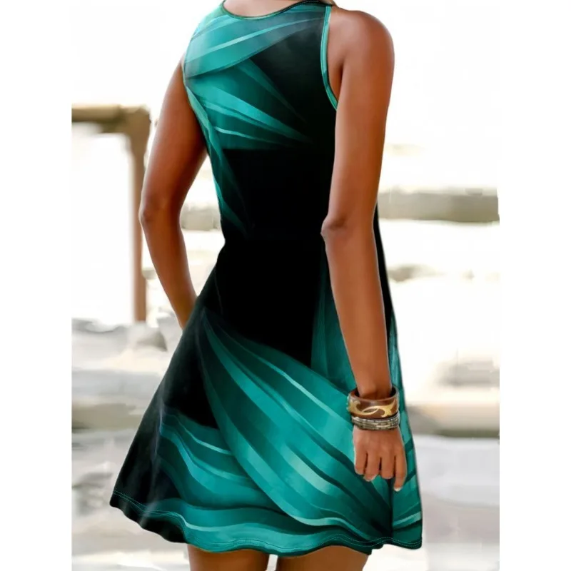 Cross-border Amazon Casual Elegant Plant Print Round Sleeveless Vest Mid-length Dress