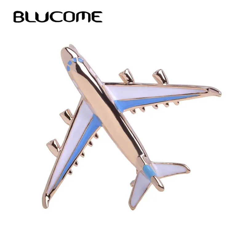 Blucome Cute Little Airplane Brooch Blue Enamel Gold-color Metal Brooches Pin Fighter Aircraft Model Jewelry Suit Clothes