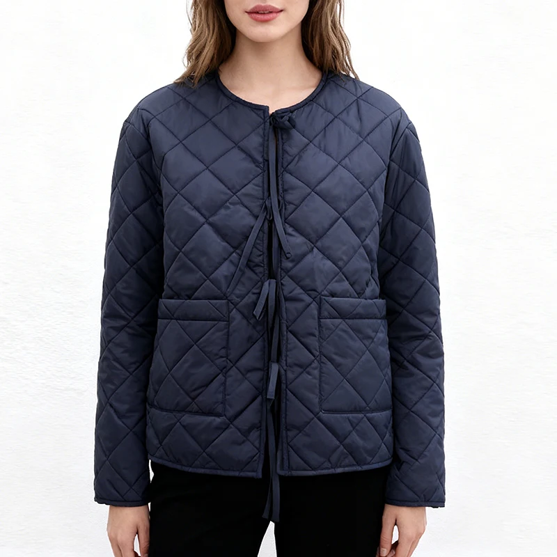 

Chic Lace-up Quilted Jacket for Women Solid Color New Winter Long Sleeved Lightweight Warm Coat ropa de mujer