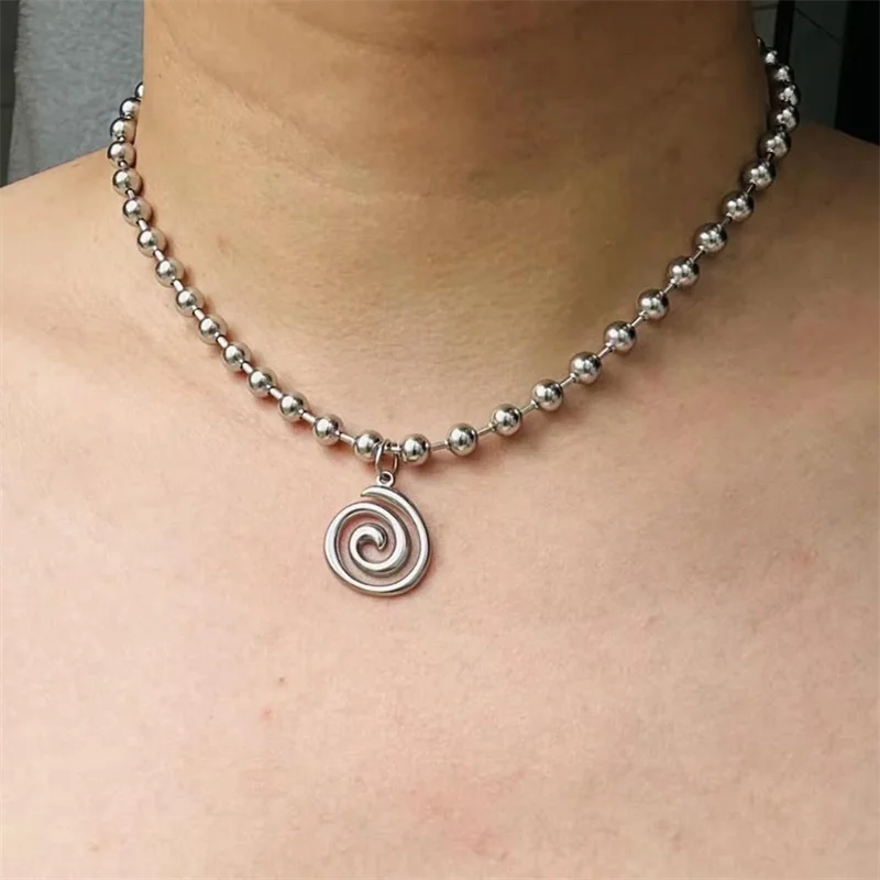 Y2K Stainless Steel Beads Chain Spiral Vortex Pendant Choker Necklace Punk Grunge Aesthetic for Women Men Punk Gothic Jewelry