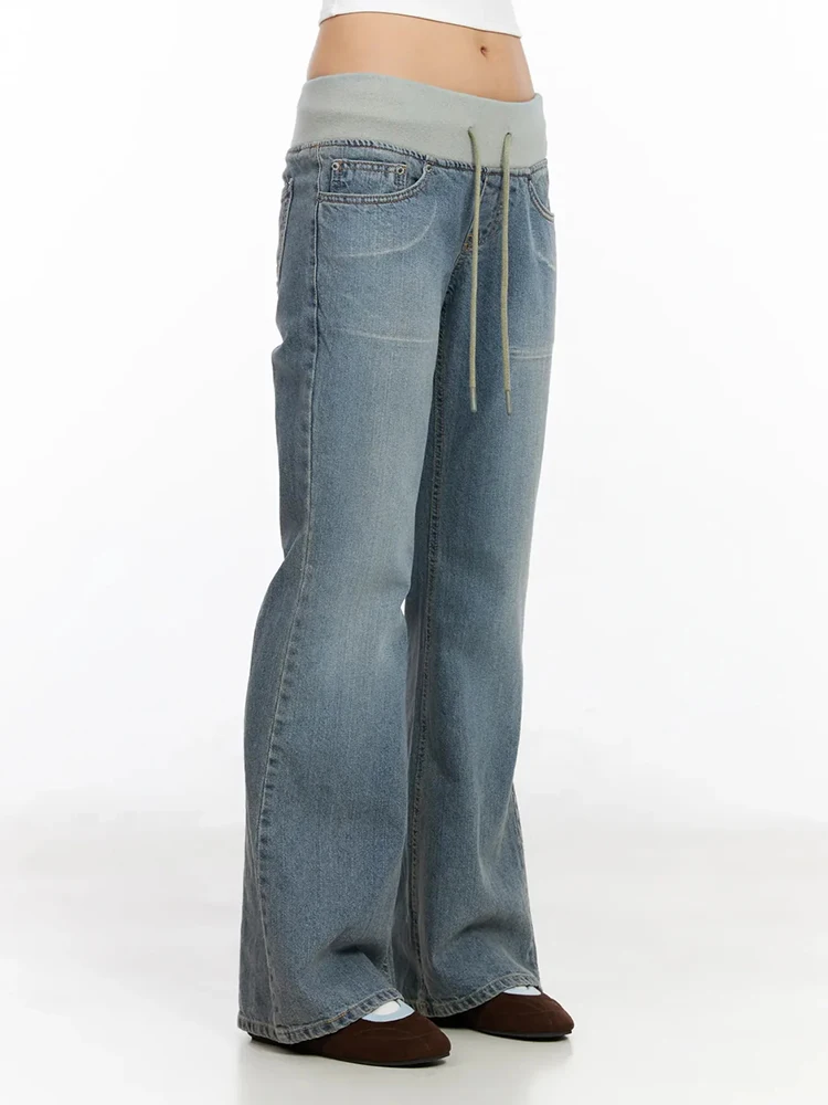 REDDACHiC Denim Binding Bell Bottoms Women Y2K Causal Distressed Whiskers Wide Leg Drawstring Flare Jeans Korea Retro Streetwear