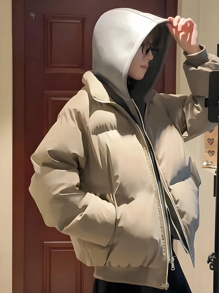 

American Sle Thiened PU Leather Double Zipper Hooded down Jaet Men's Winter High-End Feeling Bread Coat Warmth