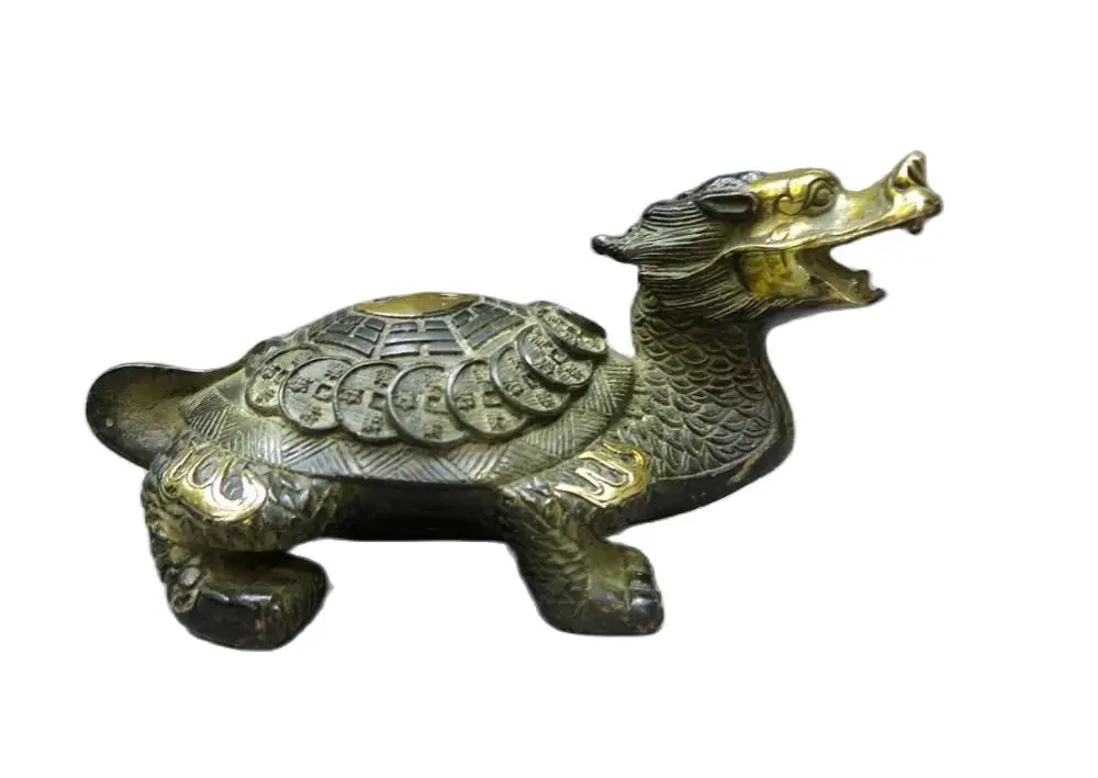 

18CM China Feng Shui bronze gild good luck money Eight Diagrams Dragon Turtle Statue