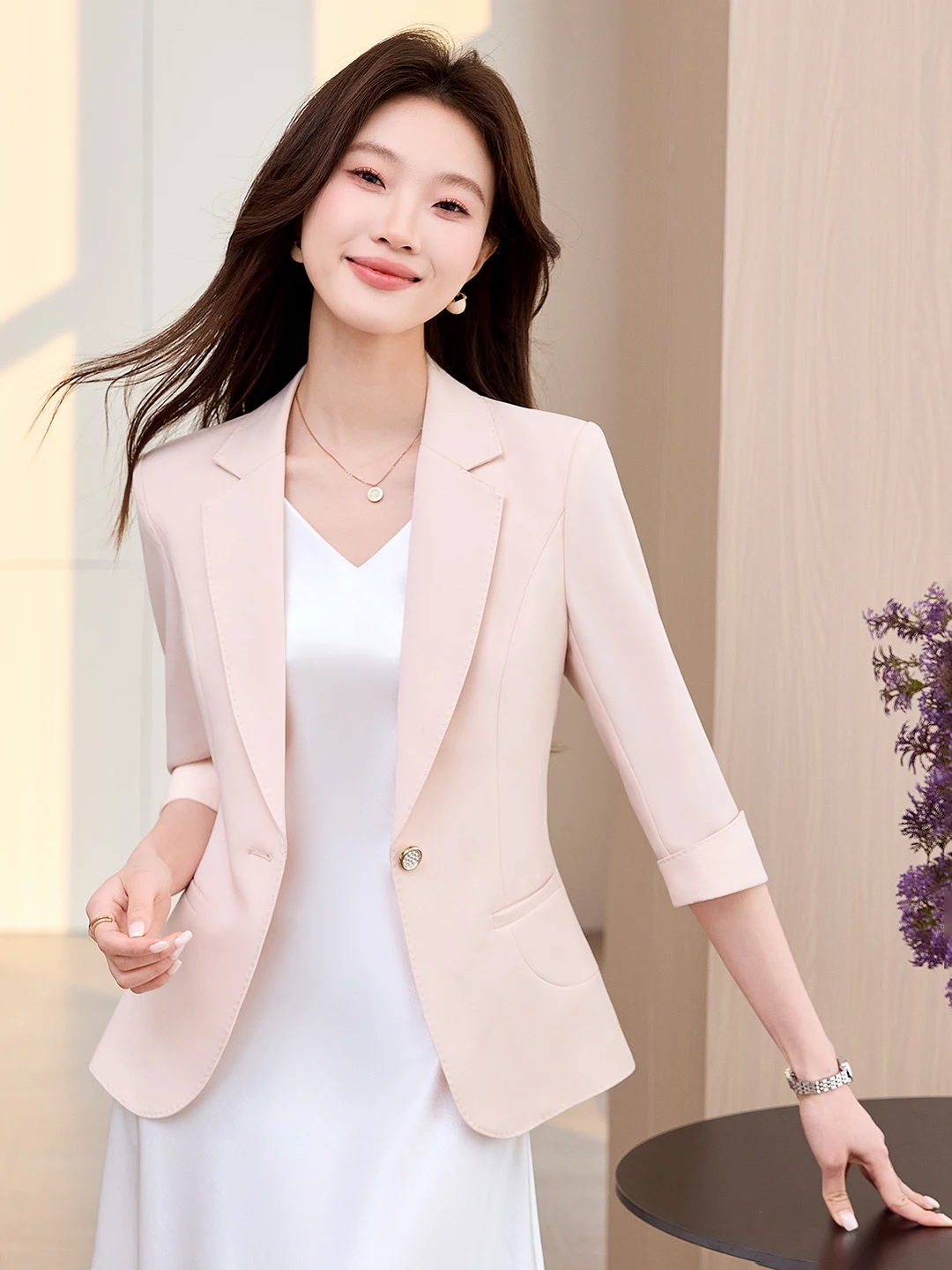 Elegant Short Suit Jacket Women's Commute Style Seven Sleeve Business Casual Breathable Polyester Fiber round Hemline Coat