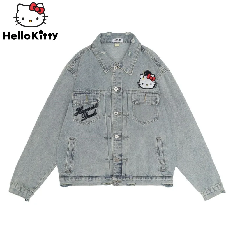 

Sanrio Hello Kitty Clothes Light Blue Embroidered Denim Coat Women Spring Autumn Fashion Jean Jacket Y2k Amercian Style Tops