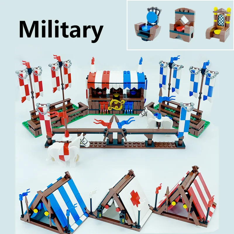 

MOC Medieval Military Steed Building Block Tent Fence Chair Flag Observation Platform Vehicle Camp Weapon Accessories Toys Gifts