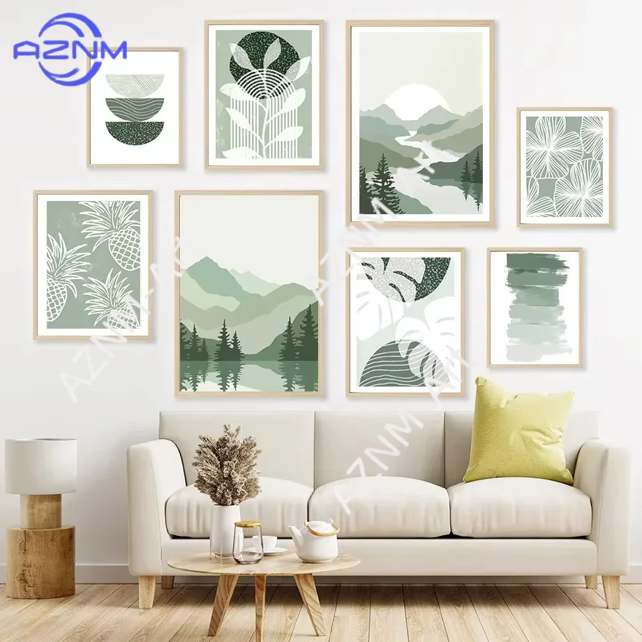 1 Stück Ananas-Monstera-Blatt Berglandschaft Salbeigrün Wandkunst Leinwanddruck Poster und Drucke Wandbilder für Wohnzimmer