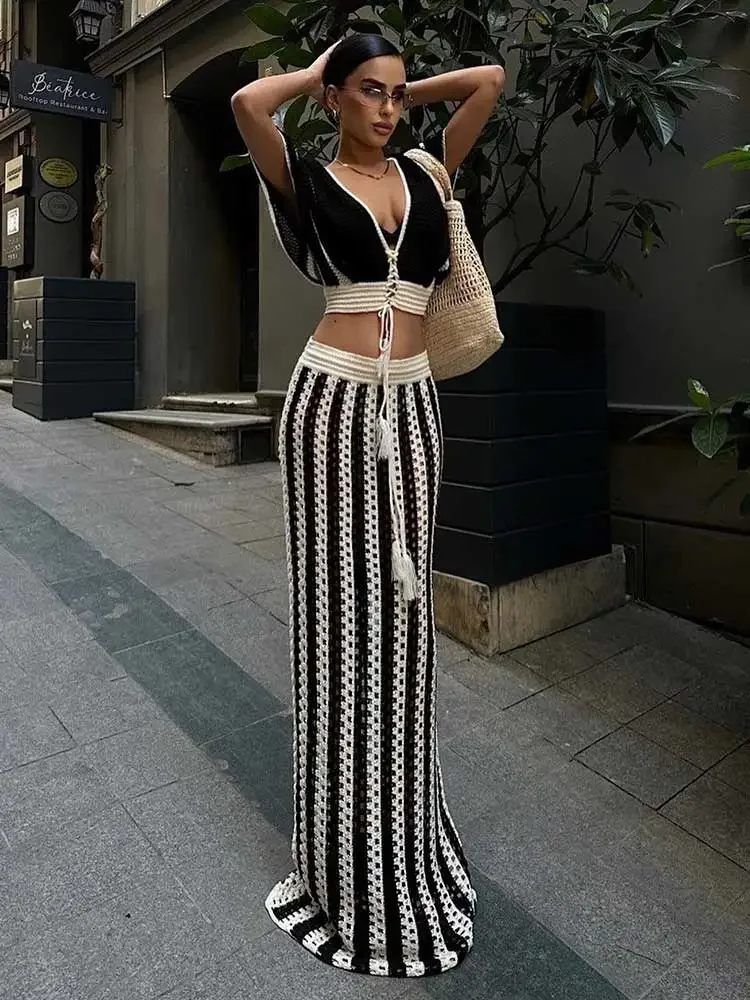 

Crochet Knit 2 Piece Sets for Women 2024 Summer Hollow Out Flare Sleeve Vacation High Waisted Maxi Skirt Sets Beach Dress A3135