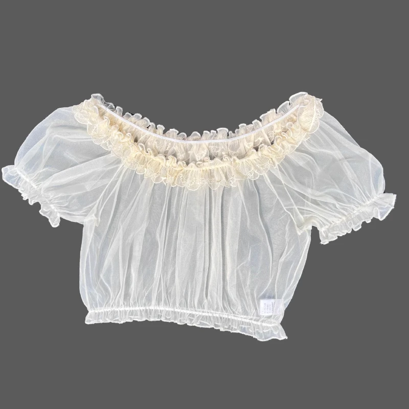 Japanese New Lolita Lace Shirt With Short Mesh Versatile Daily One-word Shoulder And Light Bottoming Top Blouse Women's Clothing