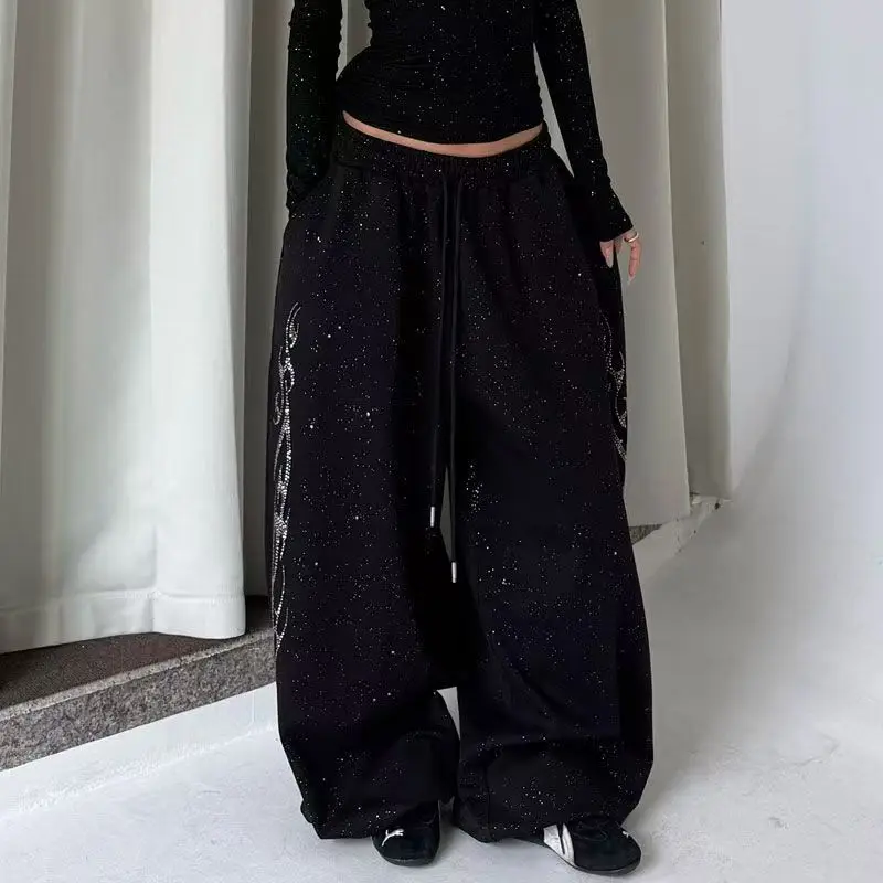 Hot Diamond Sparkle Jazz Hip-Hop mujeres americanas Retro pantalones deportivos calle coreana pantalones sueltos para correr pantalones de pierna ancha de cintura alta