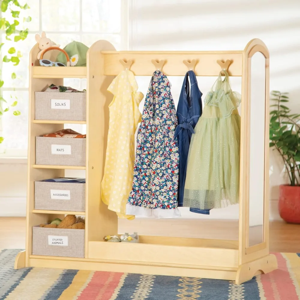 EdQ Dress-up Storage with Bins Natural: Kids Dress Up Rack with Mirror, Shoe Storage Shelf, and Cubbies for Costume