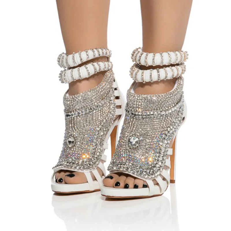 Luxury Design Diamonds Women High Heels Large Size 47 Stiletto Sandals Rhinestone Ladies Party Dress Mule Shoes