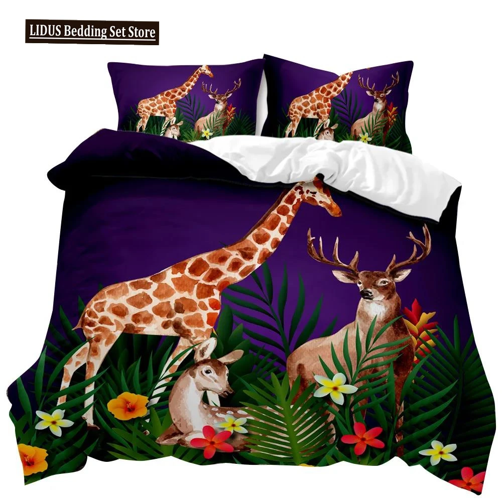 

Forest Animal Duvet Cover Set Giraffe Sika Deer Bedding Set Safari Animal Zoo Beeding Double Queen King Polyester Qulit Cover