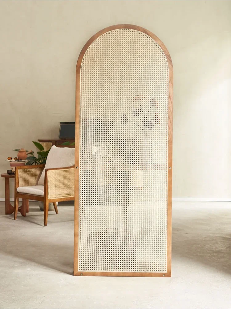 Scandinavian rattan woven screen partition, home porch storage rack, living room, bedroom, movable cover, retro flower rack