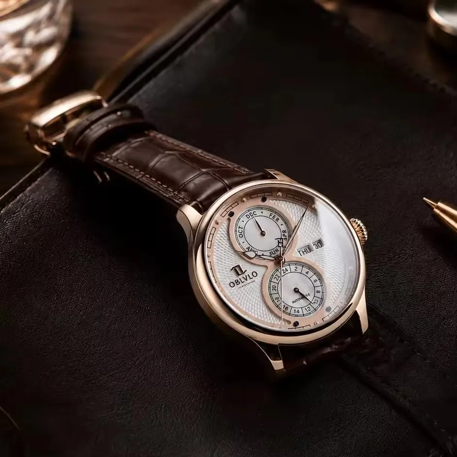 OBLVLO Men's Automatic Mechanical Watch Luxury Rose Gold White Dial Leather Band Complete Calendar Classic Fashion Dress Watch