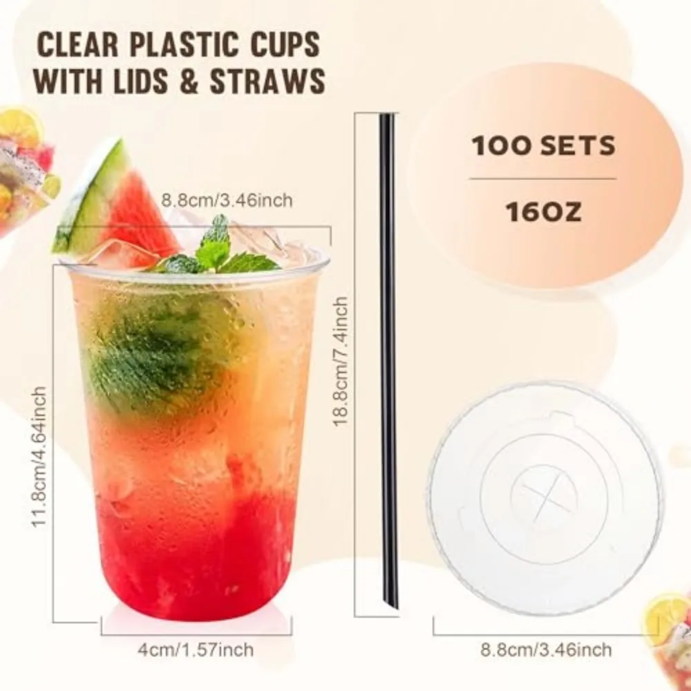 Tchrules 100 Set 16oz Clear Plastic Iced Coffee Cups with Lids and Straws Disposable, To Go, Round Bottom, Leak-Proof, for Cold Drinks Lemonade Matcha Slushie Smoothie, Cafe Soda Bar Party Supplies