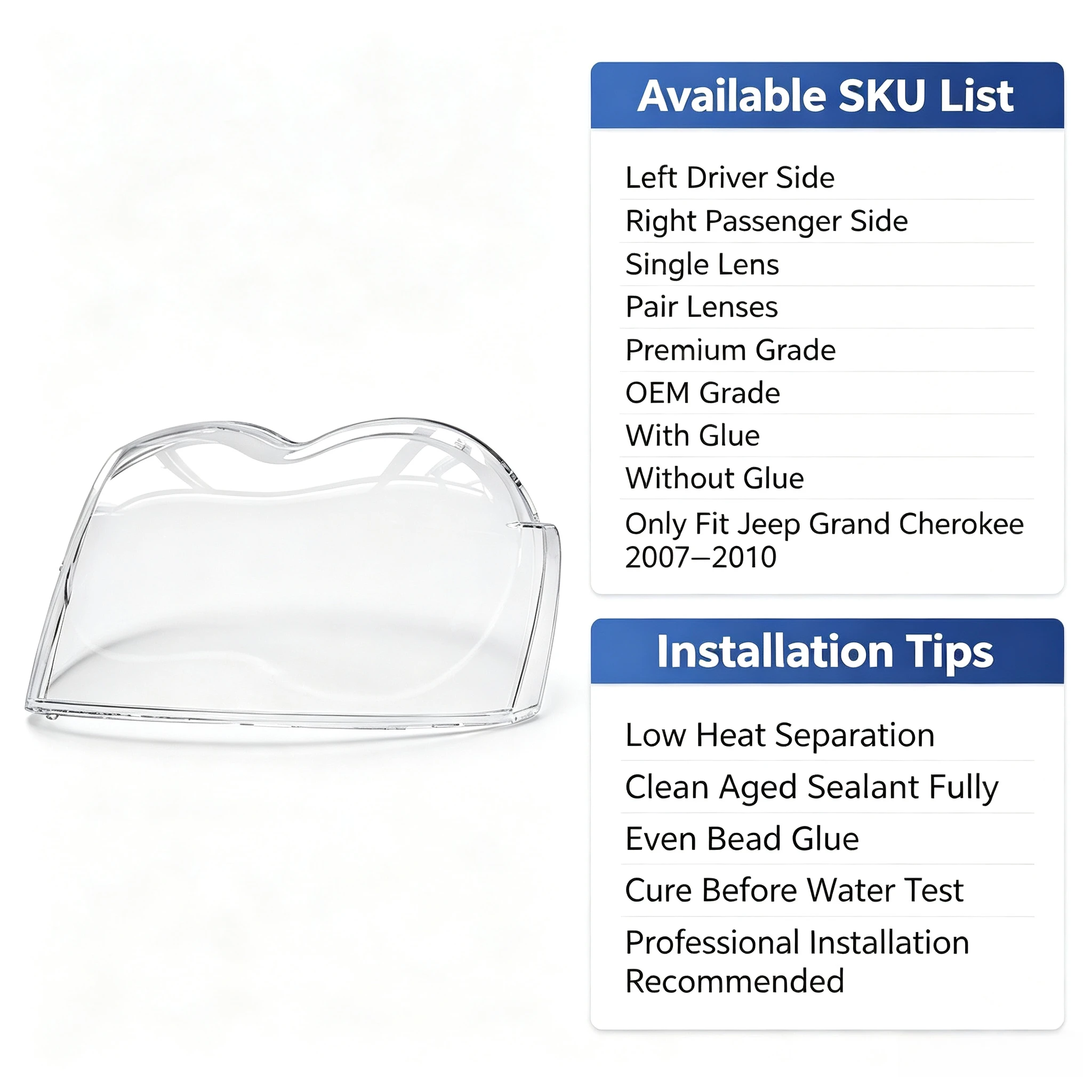 Moggic Headlight Lens Cover Compatible With 2007 2008 2009 2010 Grand Cherokee Left Right Side Replacement Clear PC Plastic
