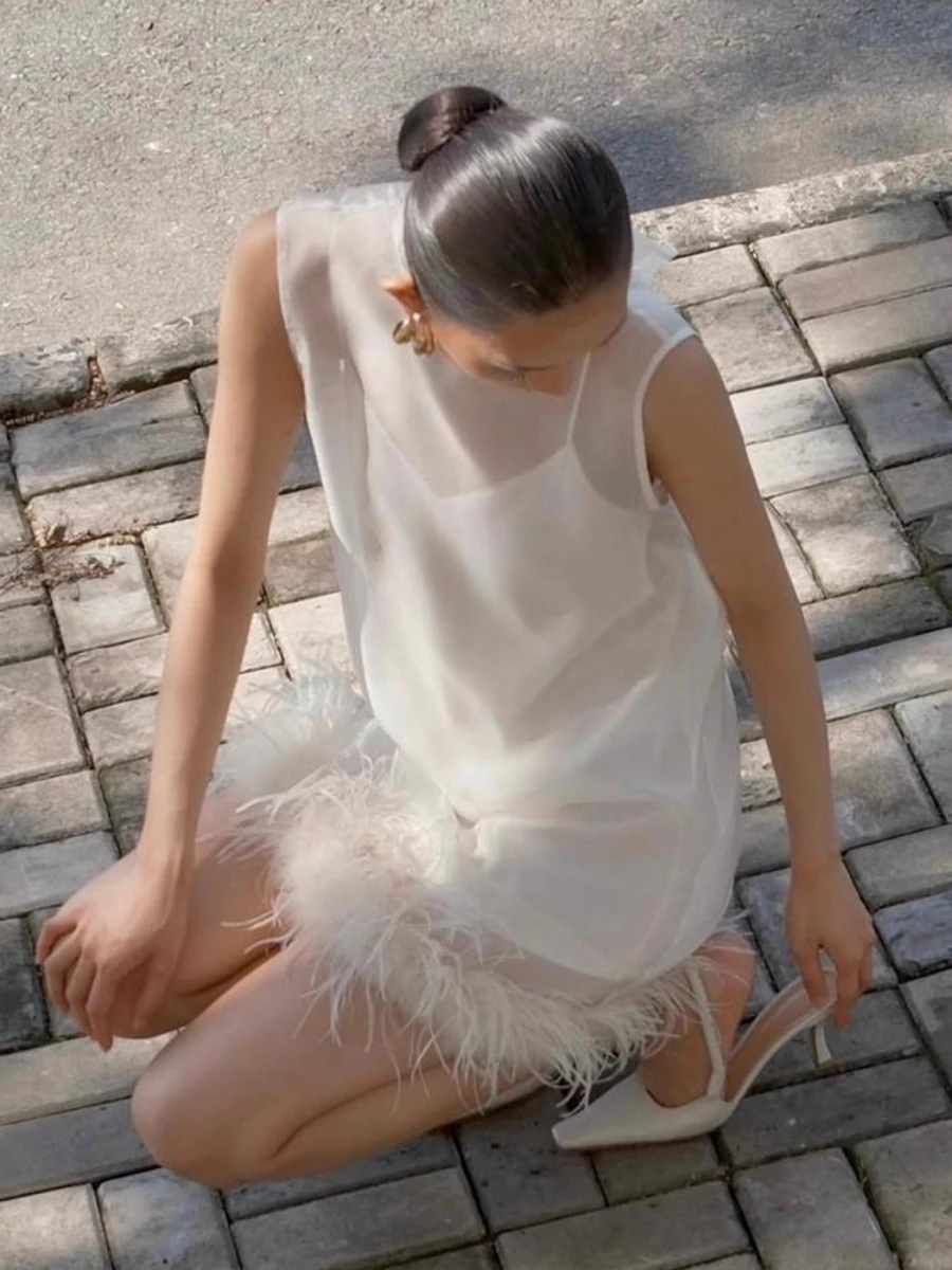 Twotwinstyle solto sheer emendado penas vestidos elegantes para mulheres em torno do pescoço sem mangas casual mini vestido roupas femininas novo