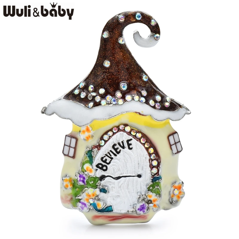 Wuli&baby Snowing House Christmas Brooch Pin Cute Enamel Mushroom Hat Bell Tower Metal Badge Jewelry Gift