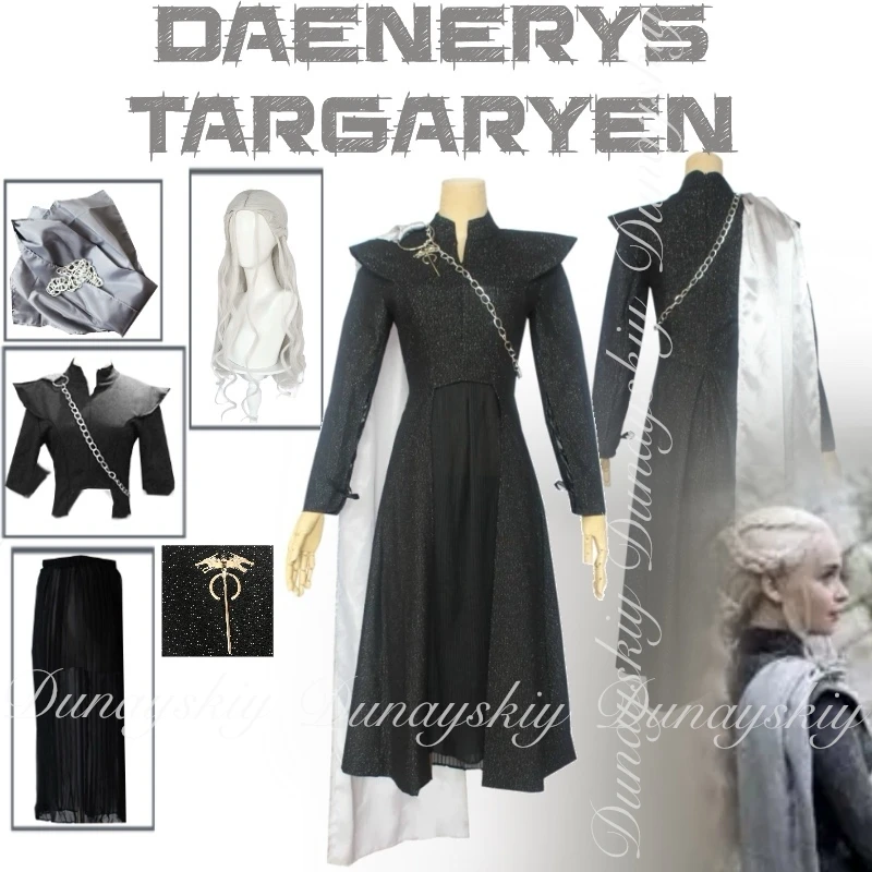 Blood and Dragons GoT VII película con vestido negro peluca blanquecina Daenerys Targaryen Cosplay Dargon madre disfraz Cosplay conjunto completo
