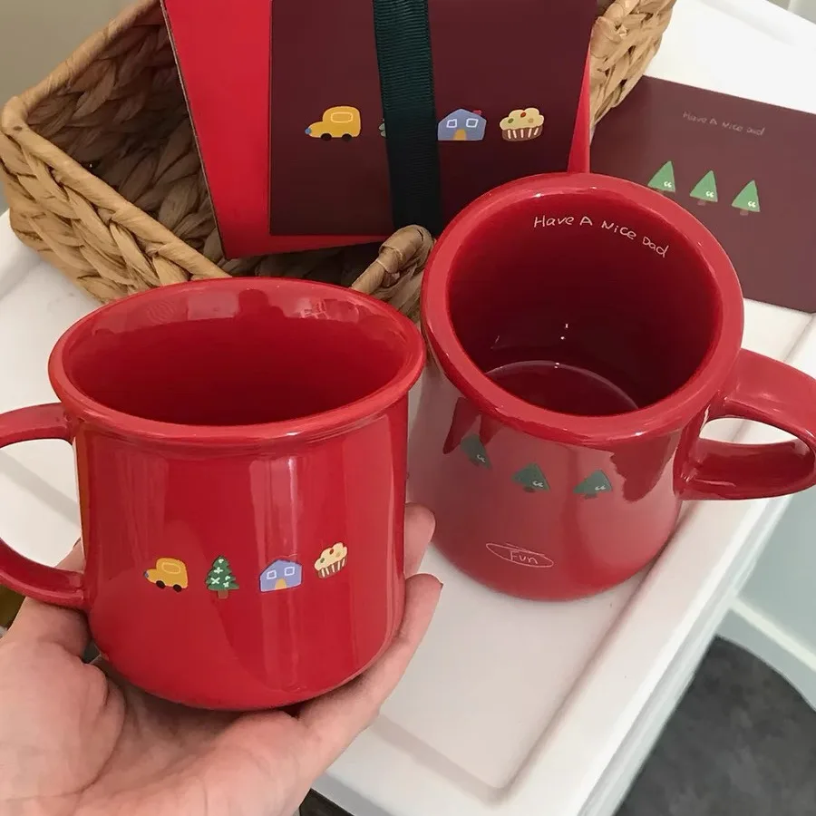 Christmas ins style simple red ceramic mug high appearance level breakfast cup coffee cup couples cup gift