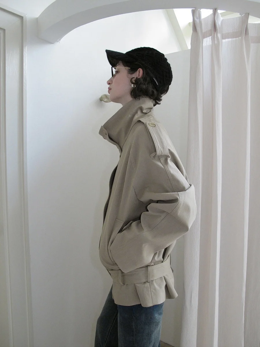 DKZ Double-Row Button Style Women's Coat Loose Waist-Cinching Stand Collar Autumn New Arrival Fashion Outerwear Jacket