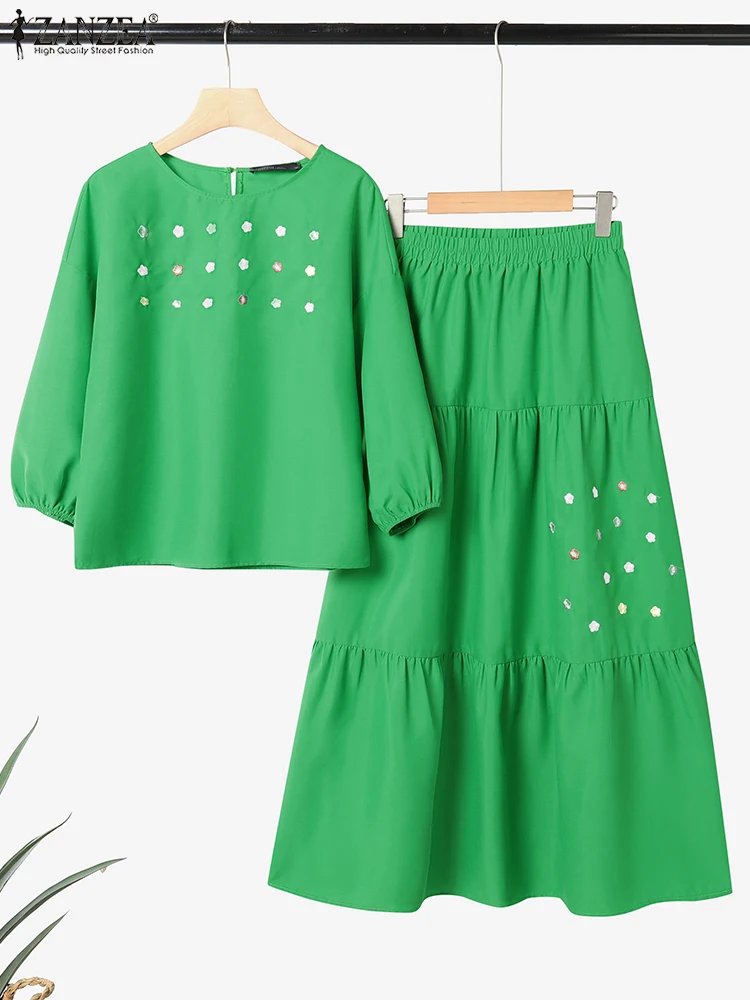 ZANZEA ลำลอง 2 ชิ้นชุดผู้หญิงเสื้อแขน 3/4 และกระโปรงยาวชั้น 2 ชิ้นชุดวันหยุดดอกไม้ปักชุดกระโปรง
