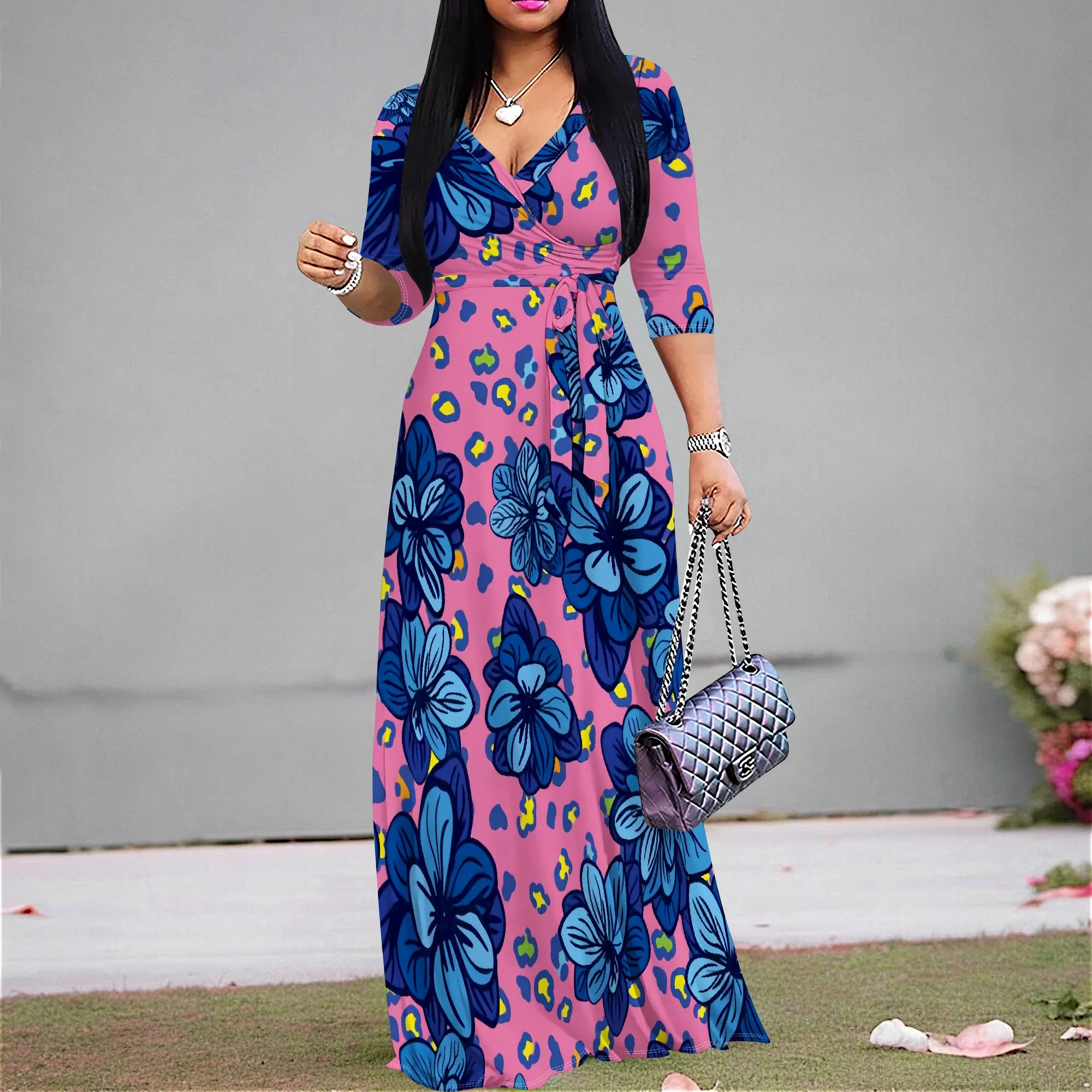 

Bold African Style Dress – Blue Floral Leopard Print Wrap Maxi Dress S-3XL