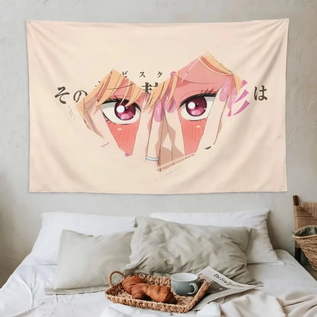 M-Marin KKitagawa Close Eyes Blush Girl Tapestry, Torn Paper Frame Y2K Kawaii Polyester Wall Hanging for Bedroom Dorm Room Decor