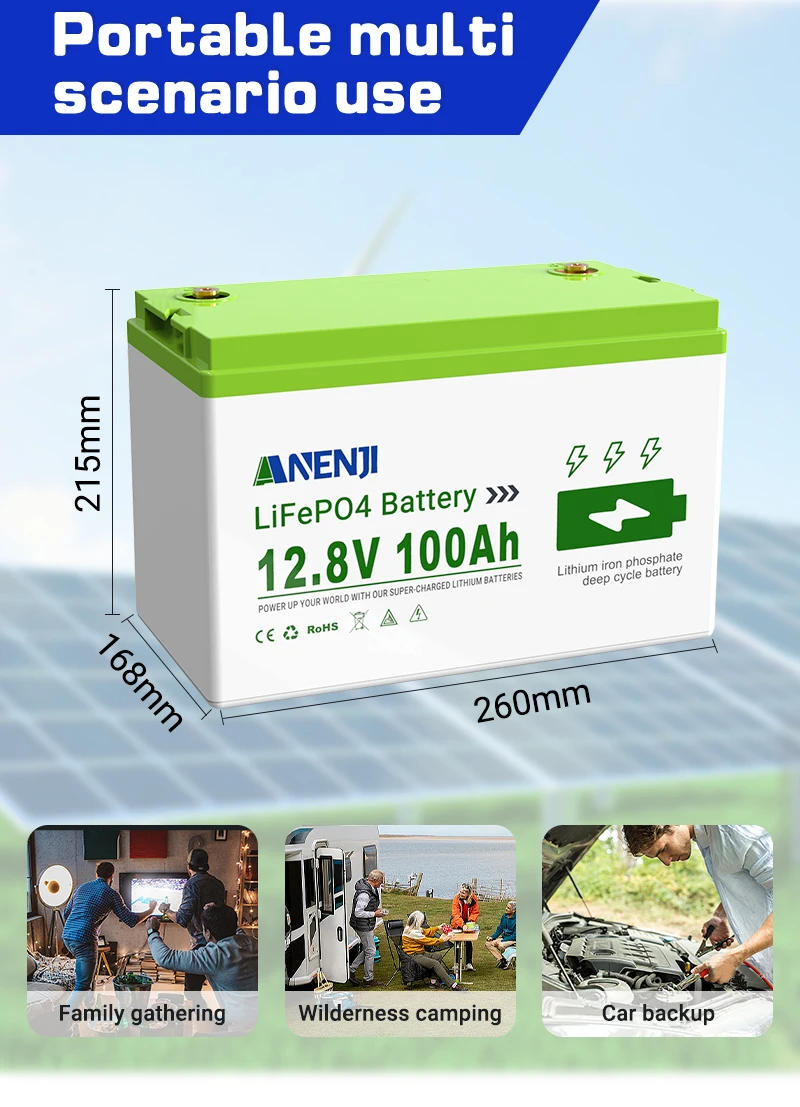 ANENJI LiFePO4 battery 12.8V 100AH 1.28KWh Power Battery Backup Solar Storage 12V-100AH lithium Battery for Home built-in BT BMS