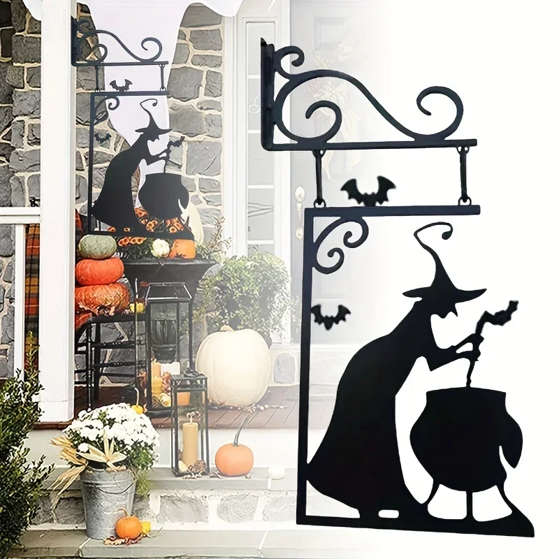 Witch Boiler Silhouette Metal Art Logo, Iron Handicrafts, Courtyard Ornaments, Halloween Decorations Sculptures Wall Decorations