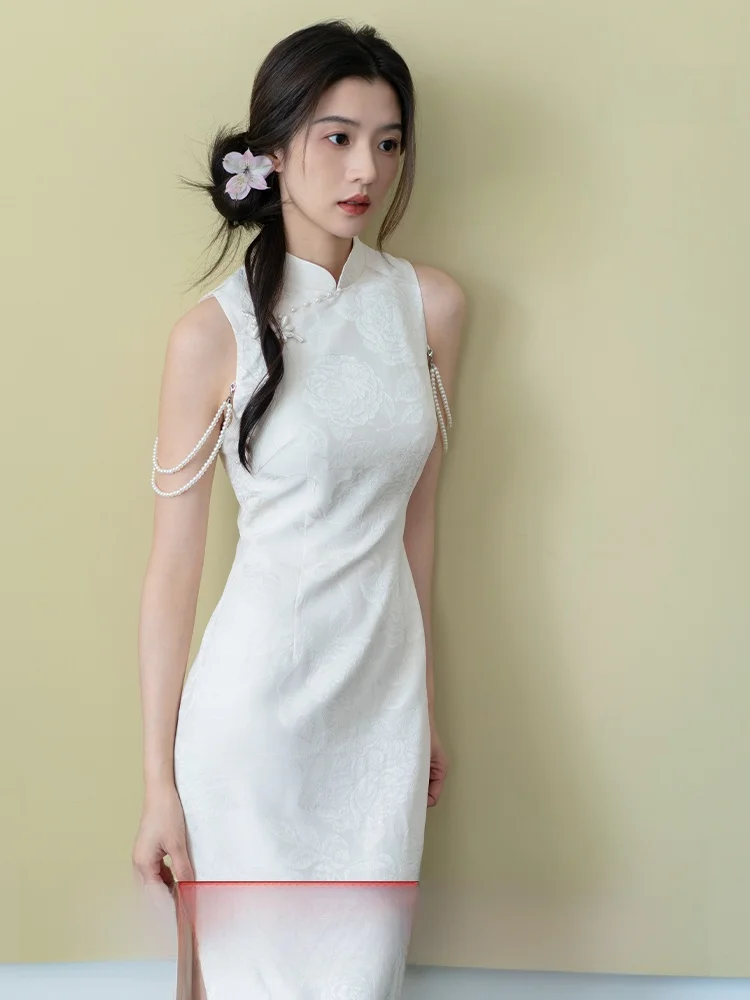 

Bridal New Chinese Style Qipao White Peony Improved White Dress Elegant Long Qipao round Collar Beaded Wedding Dress