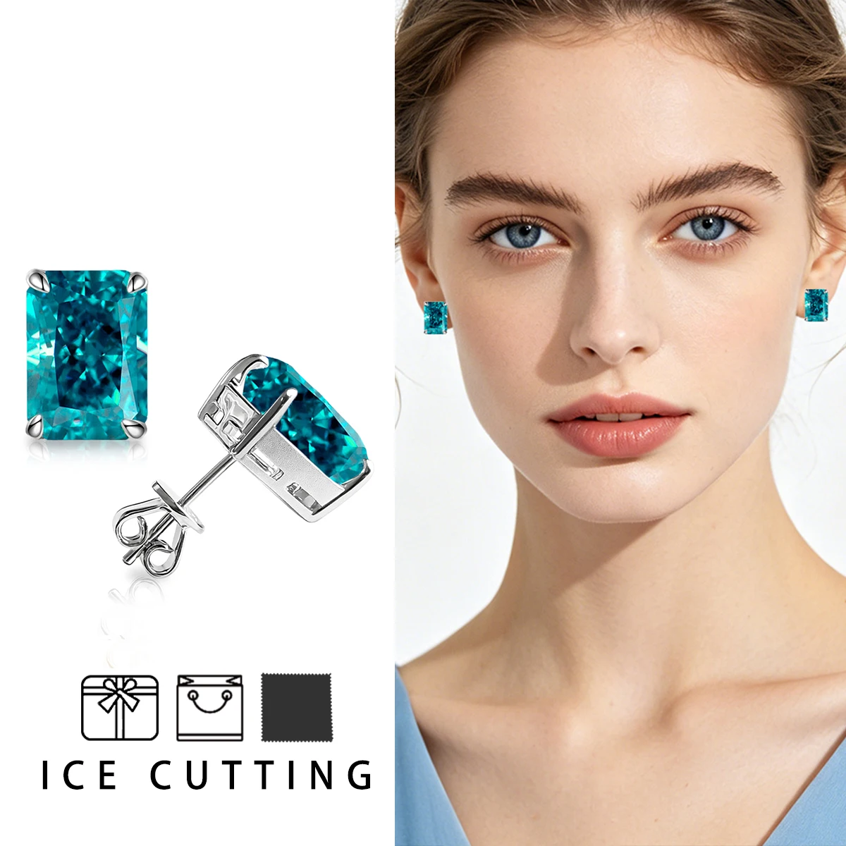 S925 Sterling Silber Platin- und Goldbeschichtete Rechteckige Ohrringe mit Eisgeschnittenem Paraiba Blaugrünem Zirkon für Damen – Detail 1