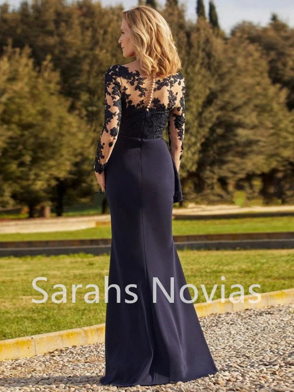 Navy Blue Mermaid Mother of the Bride Dresses Long Sleeves V Neck Lace Crepe Women Formal Evening Party Gowns For Wed