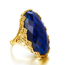 Szjinao Luxury 17*24mm Big Sapphire Ring Gold For Women Beautiful Engraved Flower Handmade Jewelry With Stone Trending Gift Sale