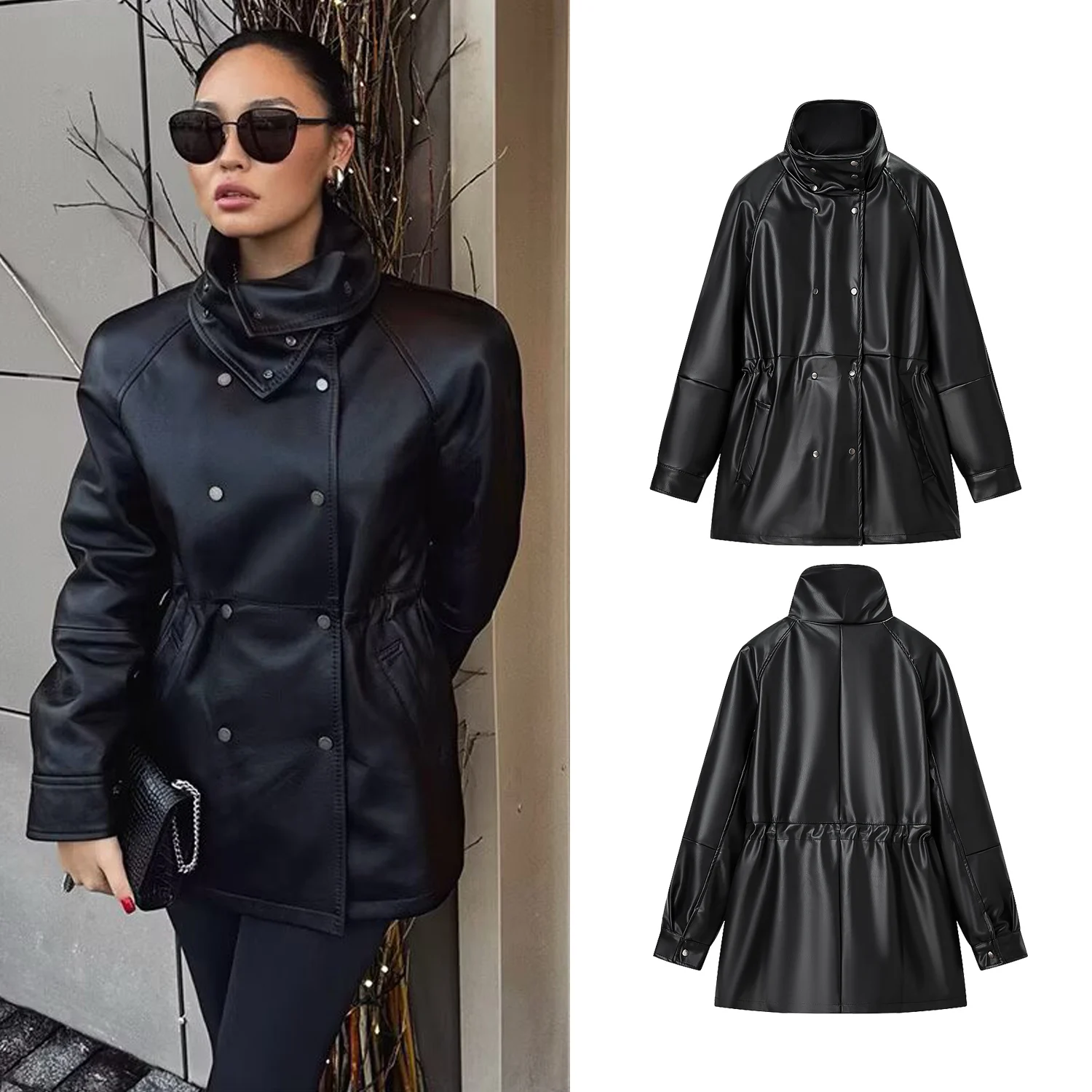เสื้อแจ็คเก็ตหนังเทียมสไตล์วินเทจสำหรับผู้หญิง แบบกระดุมสองแถว คอตั้ง ทรงเข้ารูป เสื้อโค้ทหนาสำหรับฤดูใบไม้ร่วงและฤดูหนาว