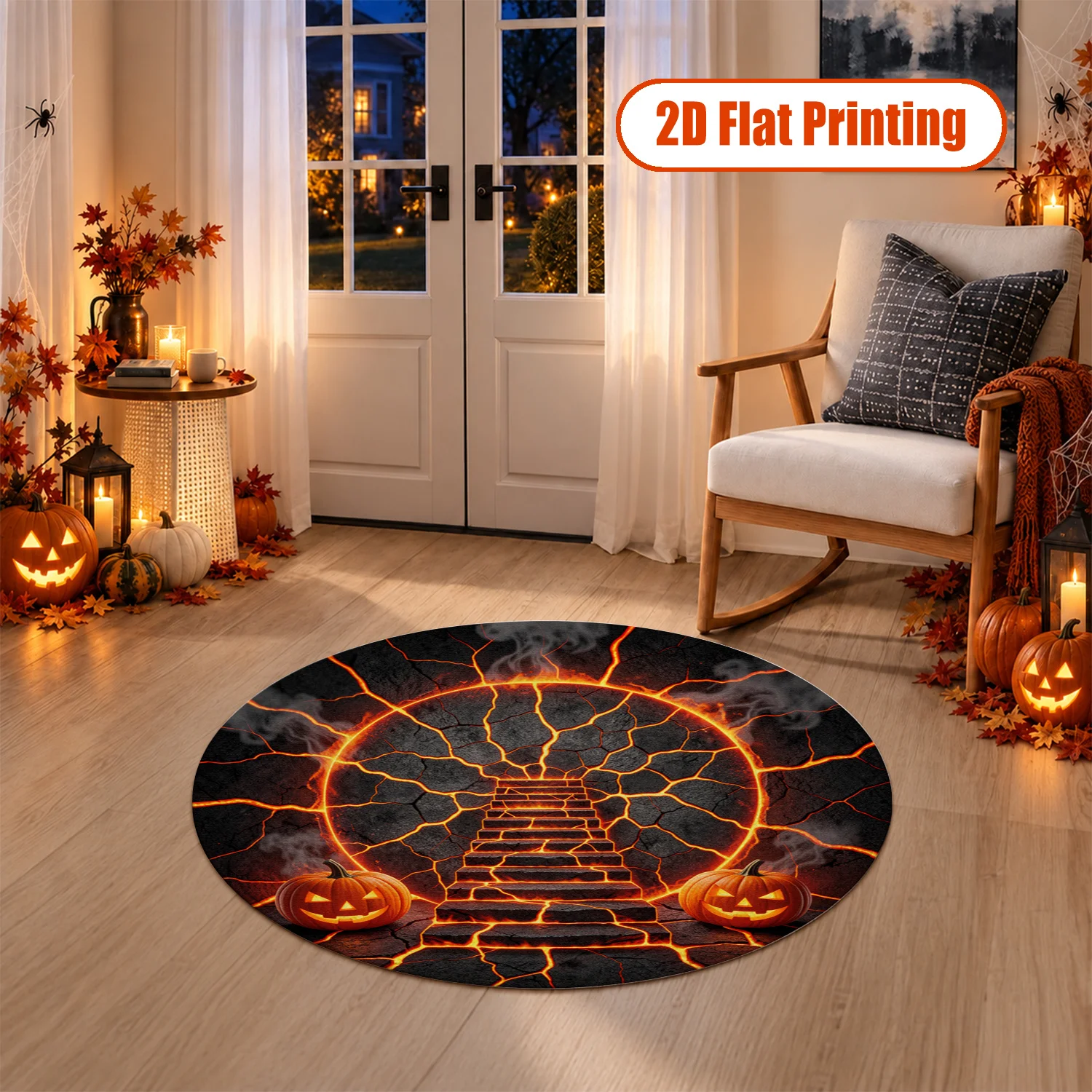 Halloween Glowing Lava Cracked Stair Jack-o'-lantern Pattern Round Velvet Area Rug Soft Machine Washable for Living Room Bedroom Entryway Dining Room Halloween Thanksgiving Black Friday Christmas New Year Decor