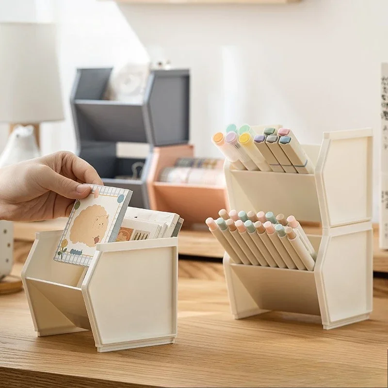 Stackable Slanted Pen Holder Storage Box, Student Desk Stationery, Plastic Square High-value Pen Holder