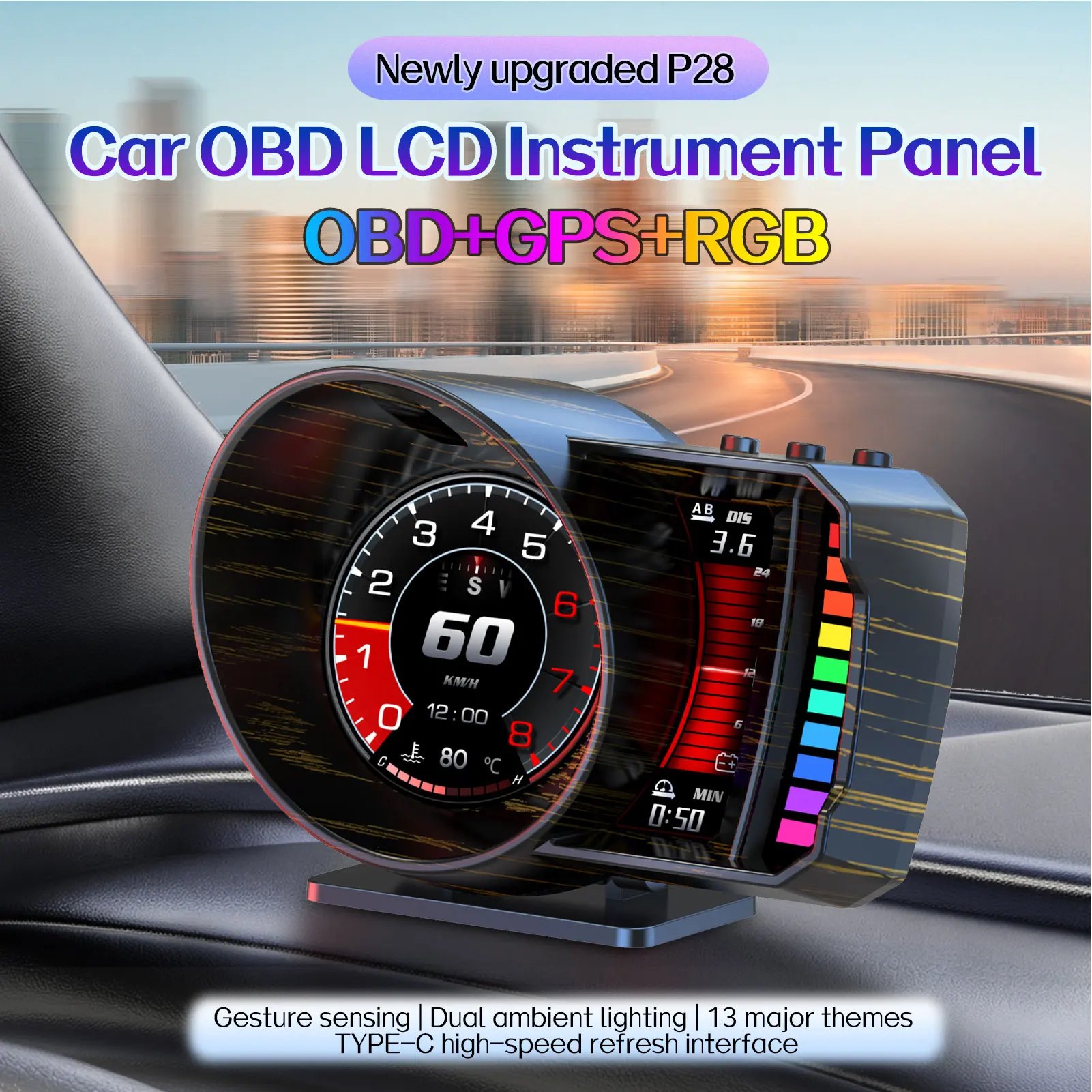 P28 Car HUD Obd2 on-board Computer OBD+GPS+RGB Gesture Recognition Speedometer Windshield Speed Turbo RPM Switch for Car Fault