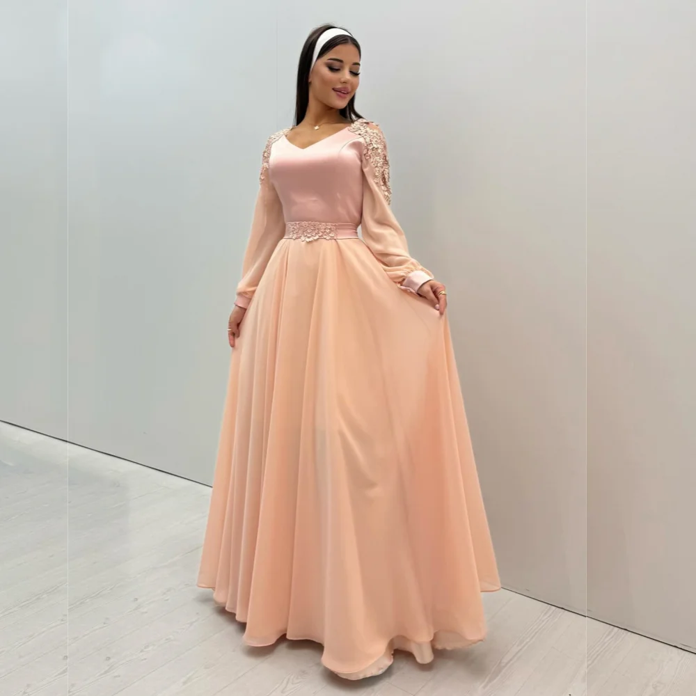 

Customized Chiffon Applique V-neck Classic A-line Long Dresses Bespoke Occasion Prom Elegant Party Wedding Formal Evening