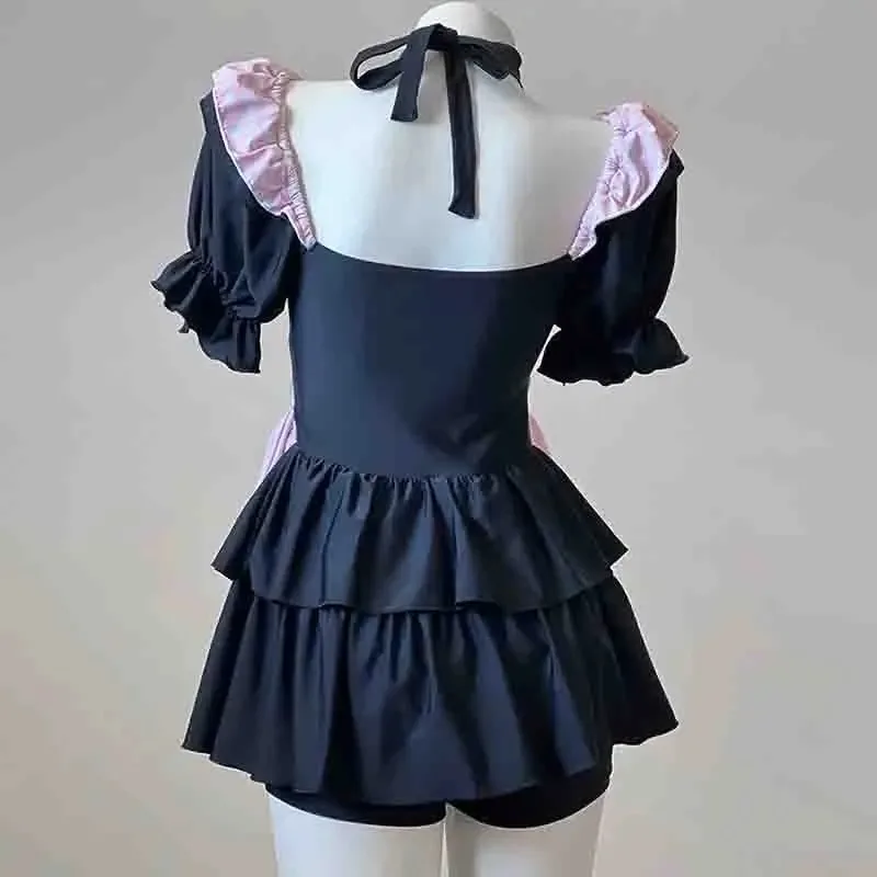 Sweet Cute Girls Lolita Swimsuit Casual Kawaii Bow Short-sleeved High Waist Beach Dress Vacation Swimwear Bathing Suit for Women