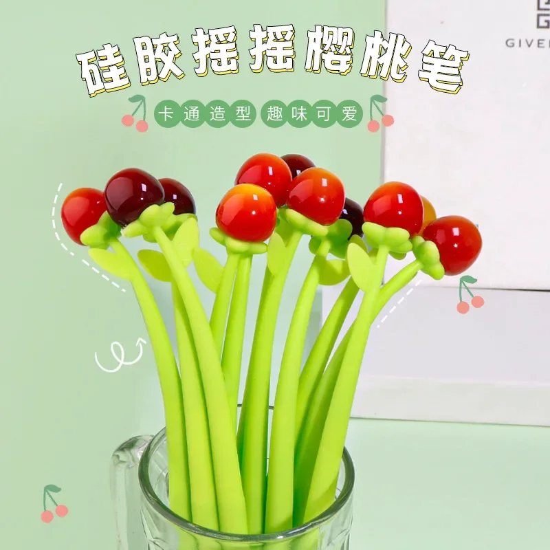 6pcs Wholesale Creative Fruit Cherry Shake Music Neutral Pen, Cherry Shape Small Fresh Student Stationery, Office Signature Pen