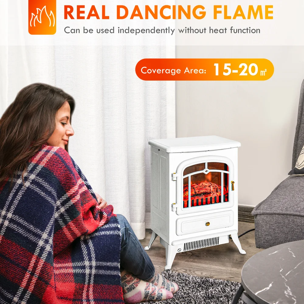 22 "Electric Fireplace, Freestanding Fire Place with Realistic LED Flames and Logs, Overheating Protection, 750W/1500W, White