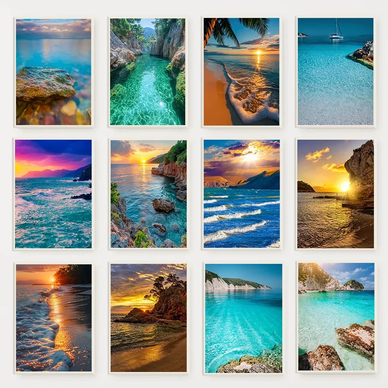 Modern Summer Sea Nature Landscape Poster Sunset Coastal Beautiful Seascape Canvas Painting Wall Art for Living Room Home Decor