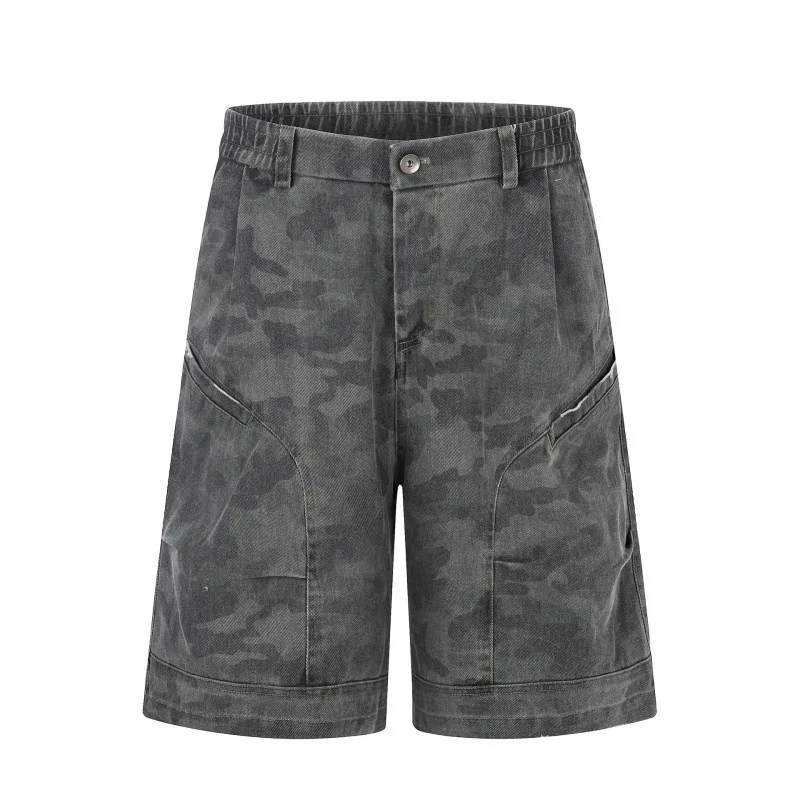 Summer Japanese Retro Amekaji Washed Distressed Grey Camo Cargo Shorts 100% Cotton Unisex Loose Knee Length Casual Shorts Trendy