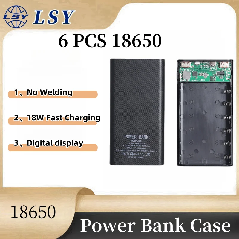 6 Cell No Battery 18650 Battery Power Bank Case Digital Display Kit No Welding Charging DIY Portable Recycling