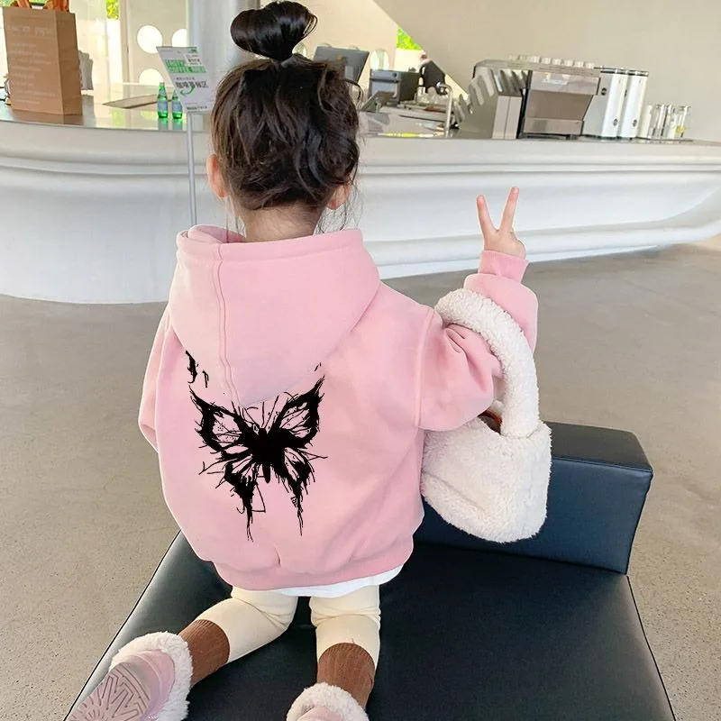 

Girls' 2025 New Arrival Korean Style Butterfly Print Fleece-Lined Thickened Hoodie - Fashionable Autumn Winter Casual Top