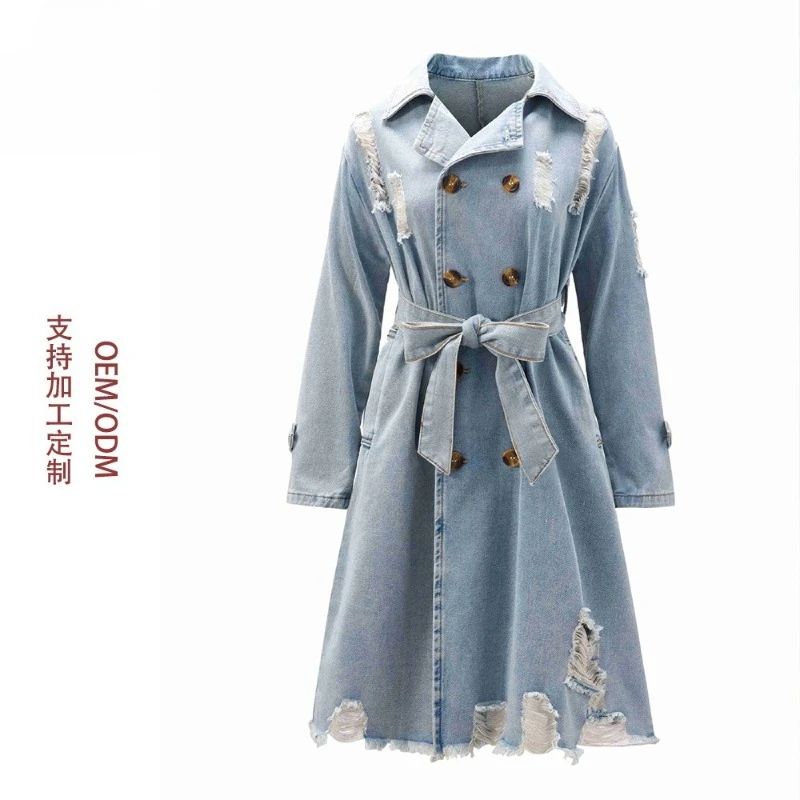 

New Spring/Autumn 2025 Vintage Denim Trench Coat Hong Kong Flavor Women Outwear Mid-length Knee-length Cinched Waist Elegant